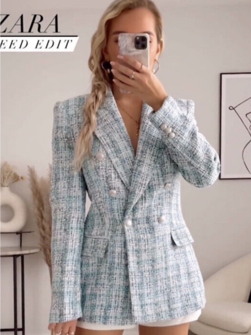 Zara light blue/white textured tweed double breasted blazer Blogger Fav size XS
